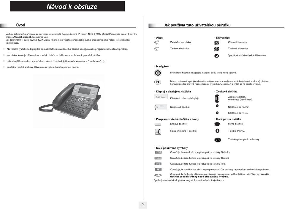 Klávesnice Èíselná klávesnice. Na velkém grafickém displeji lze pomocí tlaèítek a navádìcího tlaèítka konfigurovat a programovat telefonní pøístroj, Zavìste sluchátko. Znaková klávesnice.