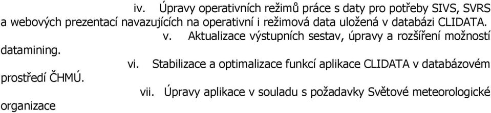 databázi CLIDATA. v. Aktualizace výstupních sestav, úpravy a rozšíření možností datamining. vi.