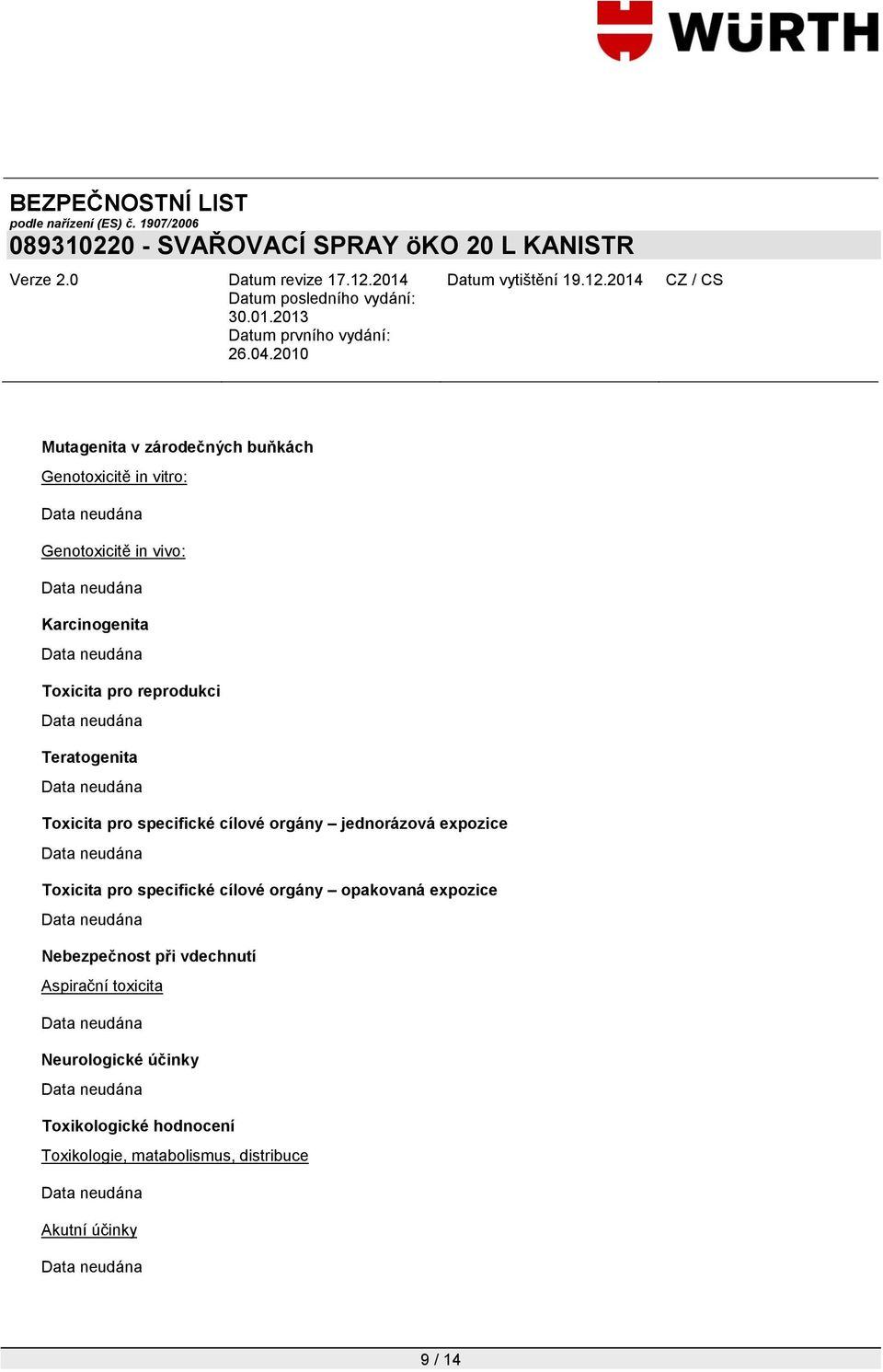 Toxicita pro specifické cílové orgány opakovaná expozice Nebezpečnost při vdechnutí Aspirační