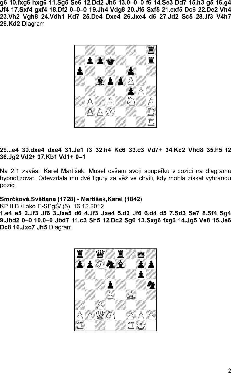 Kc2 Vhd8 35.h5 f2 36.Jg2 Vd2+ 37.Kb1 Vd1+ 0 1 Na 2:1 zavěsil Karel Martišek. Musel ovšem svoji soupeřku v pozici na diagramu hypnotizovat.