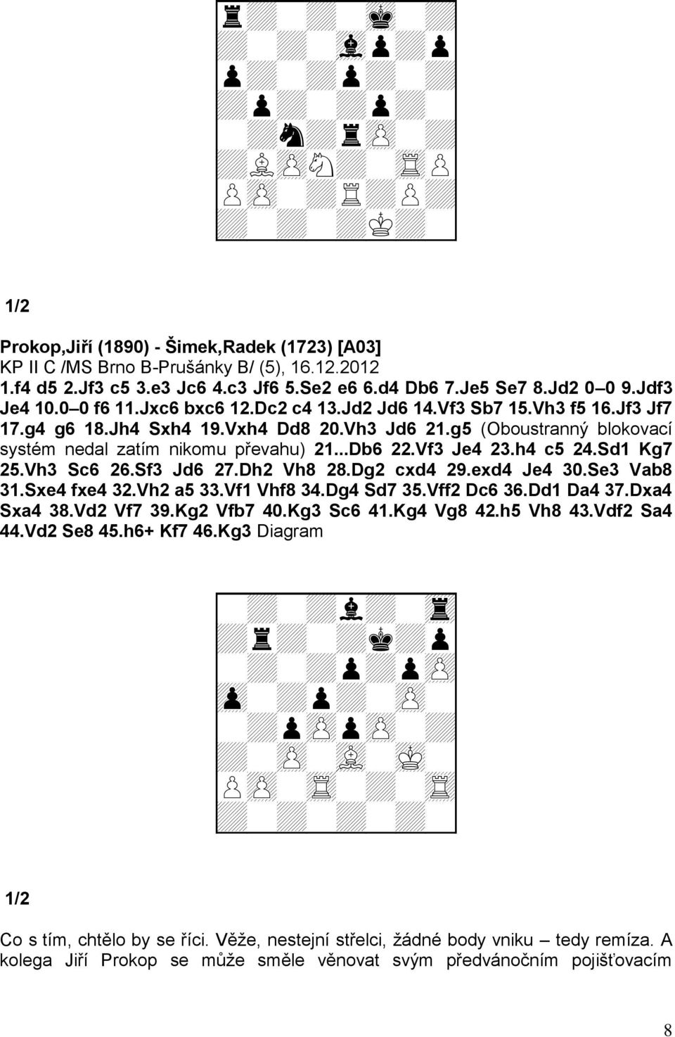 Vh3 Jd6 21.g5 (Oboustranný blokovací systém nedal zatím nikomu převahu) 21...Db6 22.Vf3 Je4 23.h4 c5 24.Sd1 Kg7 25.Vh3 Sc6 26.Sf3 Jd6 27.Dh2 Vh8 28.Dg2 cxd4 29.exd4 Je4 30.Se3 Vab8 31.Sxe4 fxe4 32.