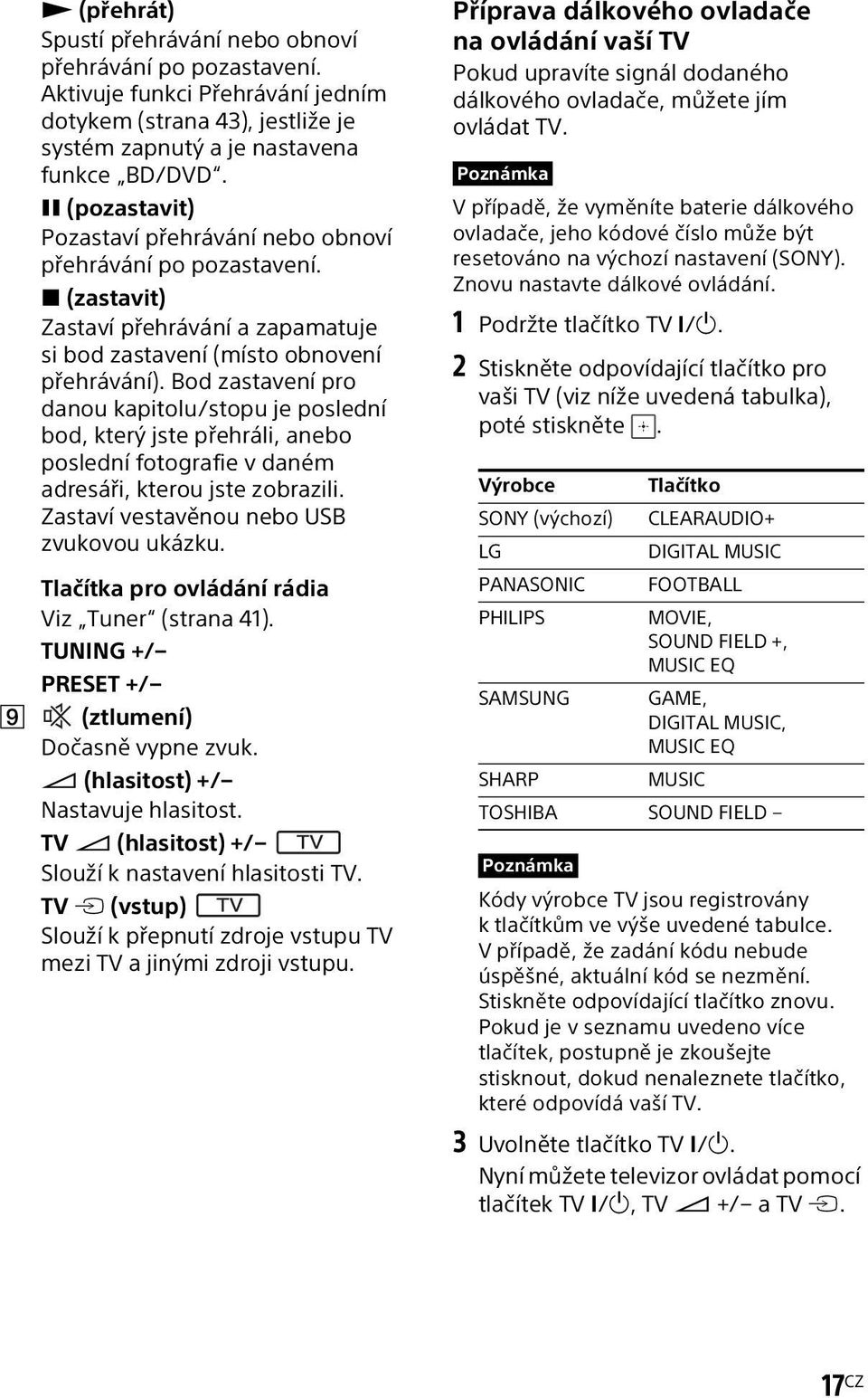 Bod zastavení pro danou kapitolu/stopu je poslední bod, který jste přehráli, anebo poslední fotografie v daném adresáři, kterou jste zobrazili. Zastaví vestavěnou nebo USB zvukovou ukázku.