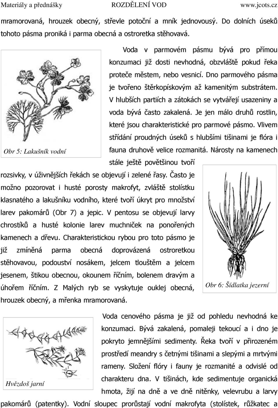 V hlubších partiích a zátokách se vytvářejí usazeniny a voda bývá často zakalená. Je jen málo druhů rostlin, které jsou charakteristické pro parmové pásmo.