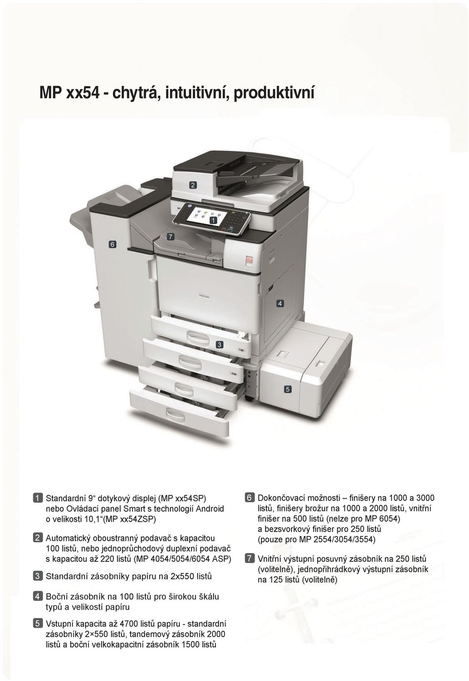 listů, finišery brožur na 1000 a 2000 listů, vnitřní finišer na 500 listů (nelze pro MP 6054) a bezsvorkový finišer pro 250 listů (pouze pro MP 2554/3054/3554) 7 Vnitřní výstupní posuvný zásobník na