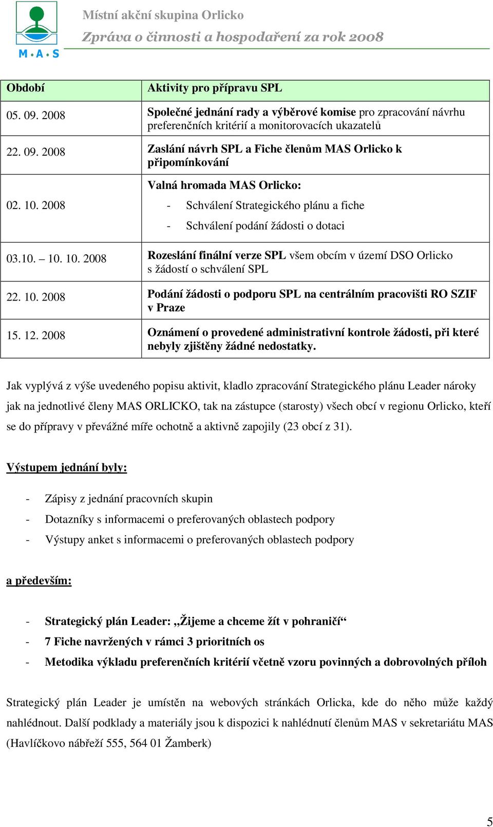 10. 2008 Rozeslání finální verze SPL všem obcím v území DSO Orlicko s žádostí o schválení SPL 22. 10. 2008 Podání žádosti o podporu SPL na centrálním pracovišti RO SZIF v Praze 15. 12.