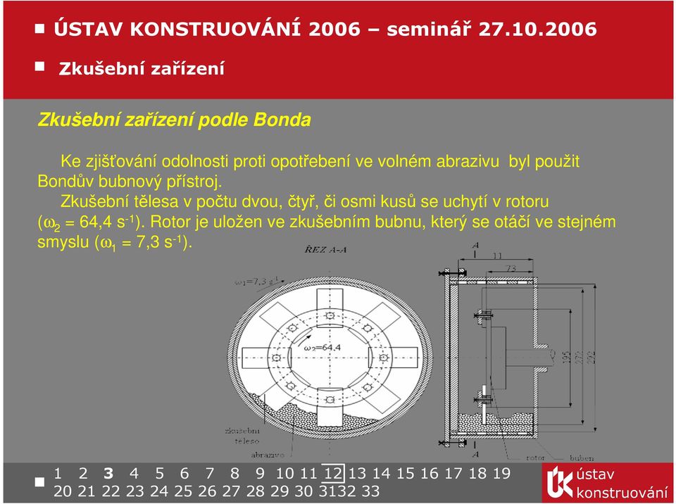 Zkušební tělesa v počtu dvou, čtyř, či osmi kusů se uchytí v rotoru (ω 2 = 64,4