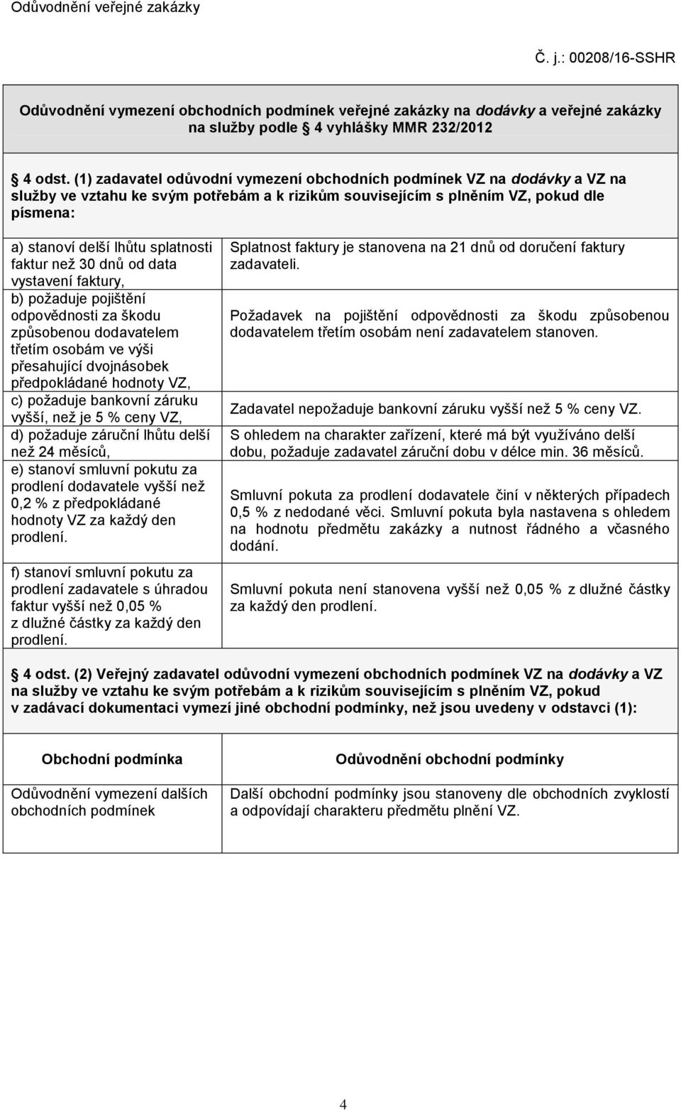 faktur než 30 dnů od data vystavení faktury, b) požaduje pojištění odpovědnosti za škodu způsobenou dodavatelem třetím osobám ve výši přesahující dvojnásobek předpokládané hodnoty VZ, c) požaduje