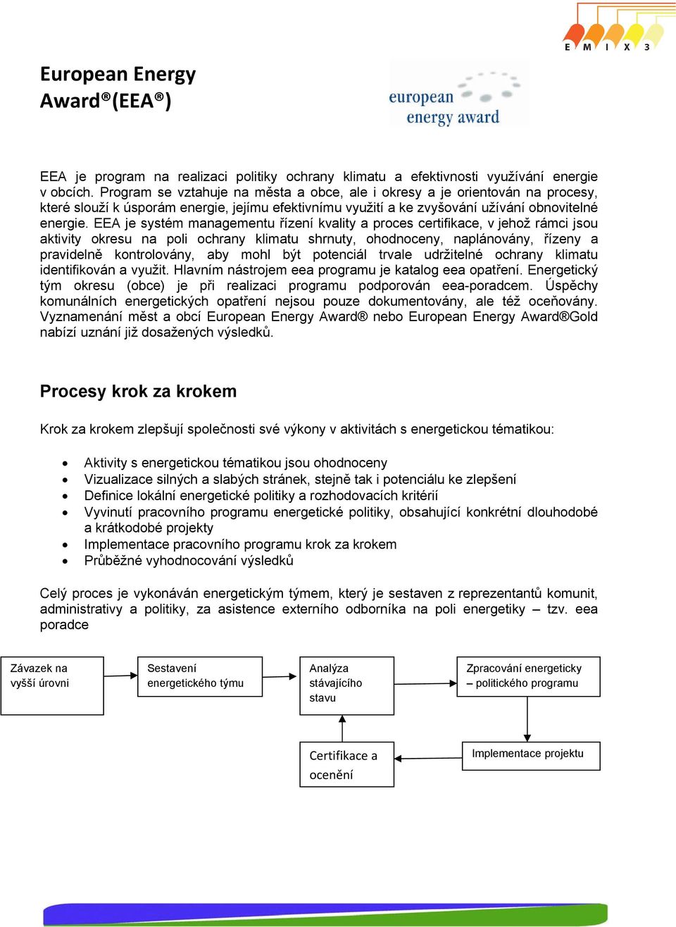 EEA je systém managementu řízení kvality a proces certifikace, v jehož rámci jsou aktivity okresu na poli ochrany klimatu shrnuty, ohodnoceny, naplánovány, řízeny a pravidelně kontrolovány, aby mohl