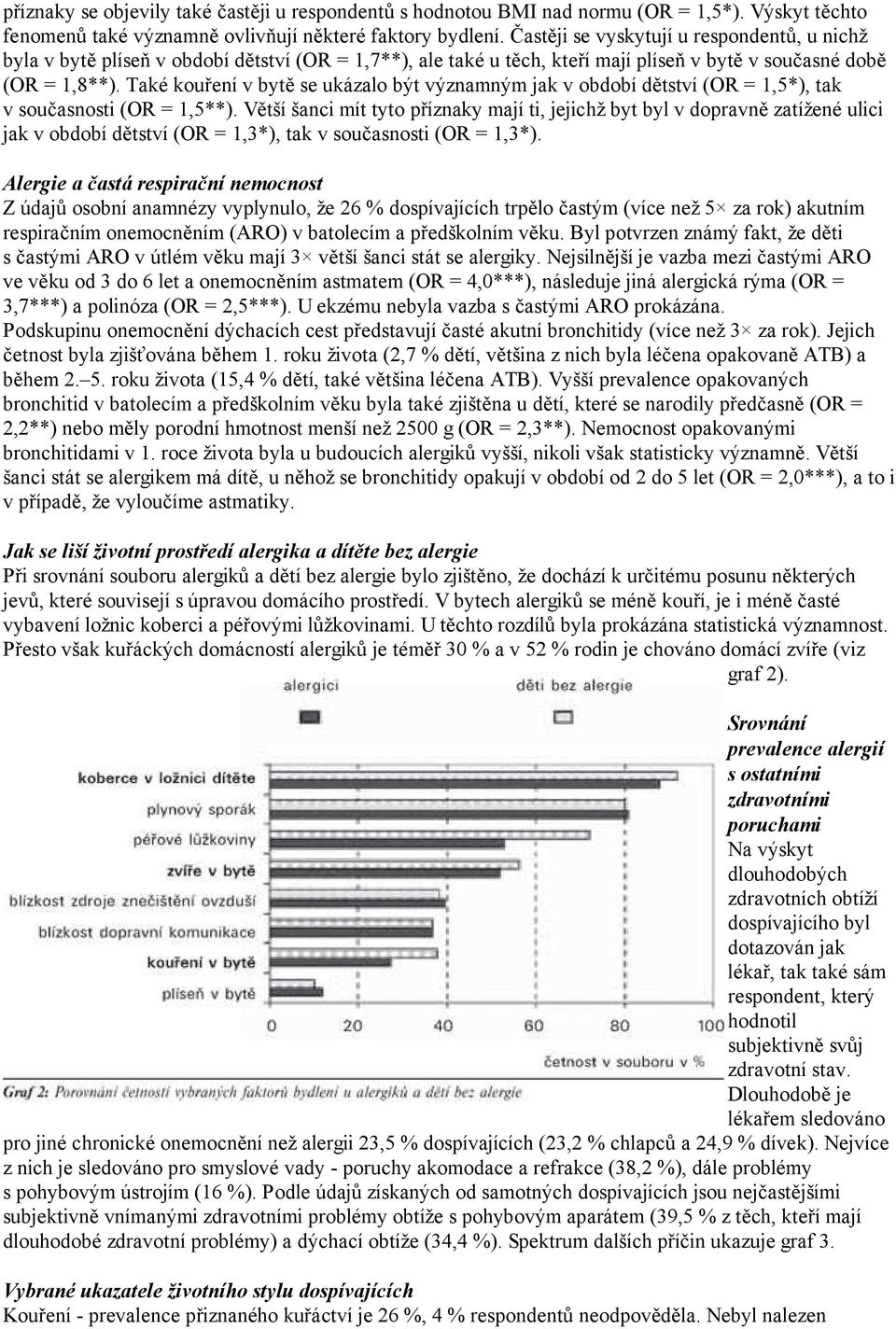 Také kouření v bytě se ukázalo být významným jak v období dětství (OR = 1,5*), tak v současnosti (OR = 1,5**).