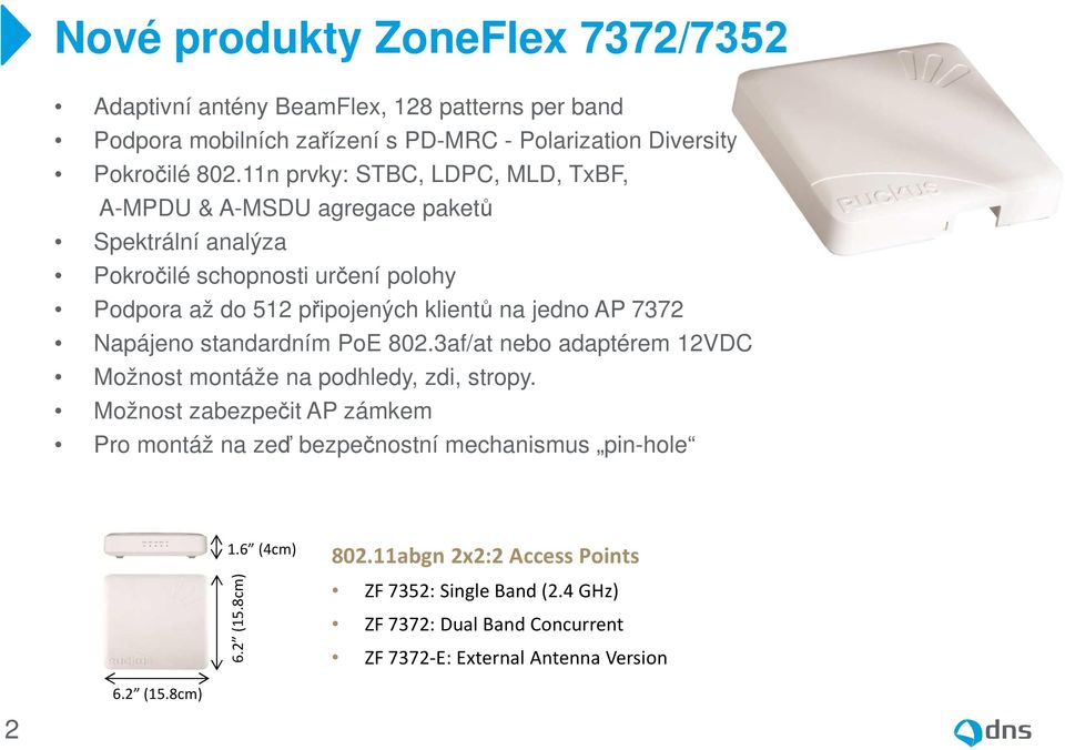 AP 7372 Napájeno standardním PoE 802.3af/at nebo adaptérem 12VDC Možnost montáže na podhledy, zdi, stropy.