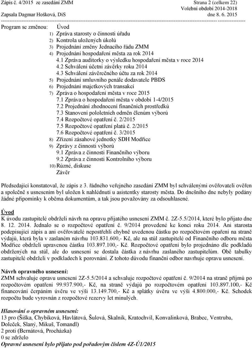 města za rok 2014 4.1 Zpráva auditorky o výsledku hospodaření města v roce 2014 4.2 Schválení účetní závěrky roku 2014 4.