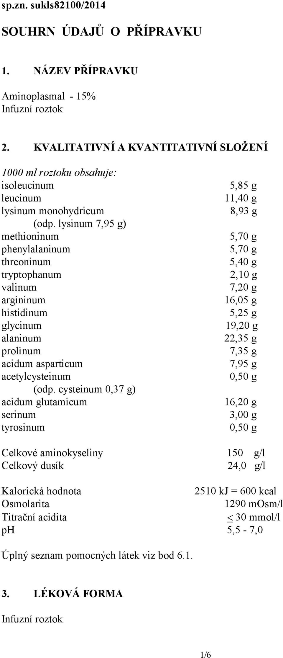 lysinum 7,95 g) methioninum phenylalaninum threoninum tryptophanum valinum argininum histidinum glycinum alaninum prolinum acidum asparticum acetylcysteinum (odp.