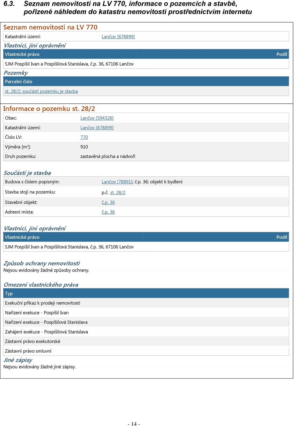 28/2 Obec: Lančov [594326] Katastrální území: Lančov [678899] Číslo LV: 770 Výměra [m 2 ]: 910 Druh pozemku: zastavěná plocha a nádvoří Součástí je stavba Budova s číslem popisným: Lančov [78891]; č.