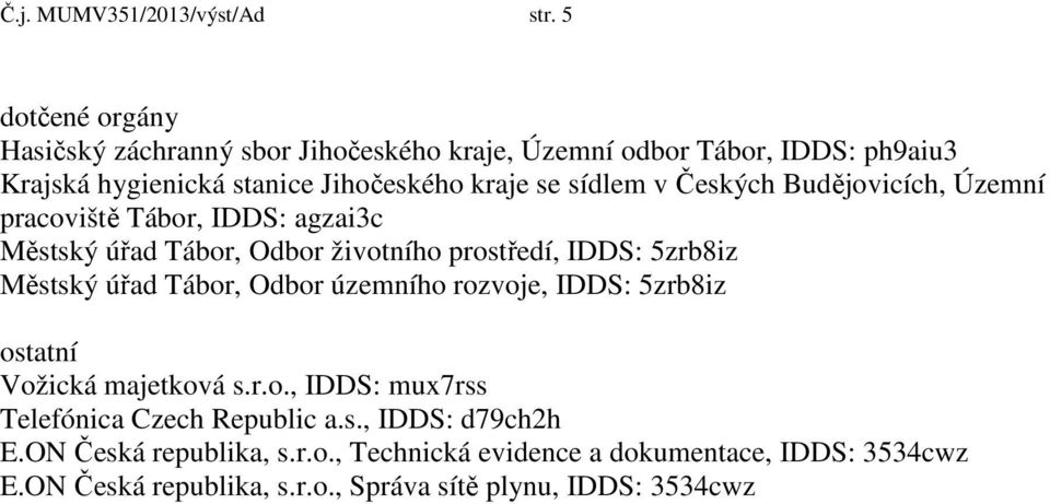 v Českých Budějovicích, Územní pracoviště Tábor, IDDS: agzai3c Městský úřad Tábor, Odbor životního prostředí, IDDS: 5zrb8iz Městský úřad Tábor,