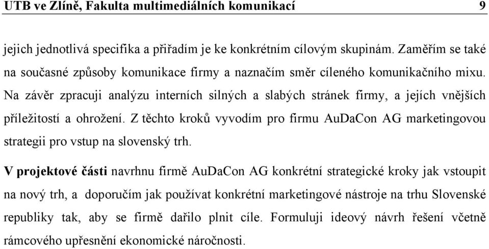 Na závěr zpracuji analýzu interních silných a slabých stránek firmy, a jejích vnějších příležitostí a ohrožení.