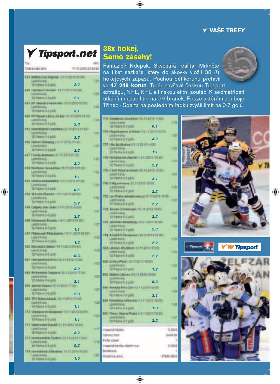 Tipér navštívil èeskou Tipsport extraligu, NHL, KHL a finskou elitní soutìž. K sedmatøiceti utkáním nasadil tip na 0-6 branek.