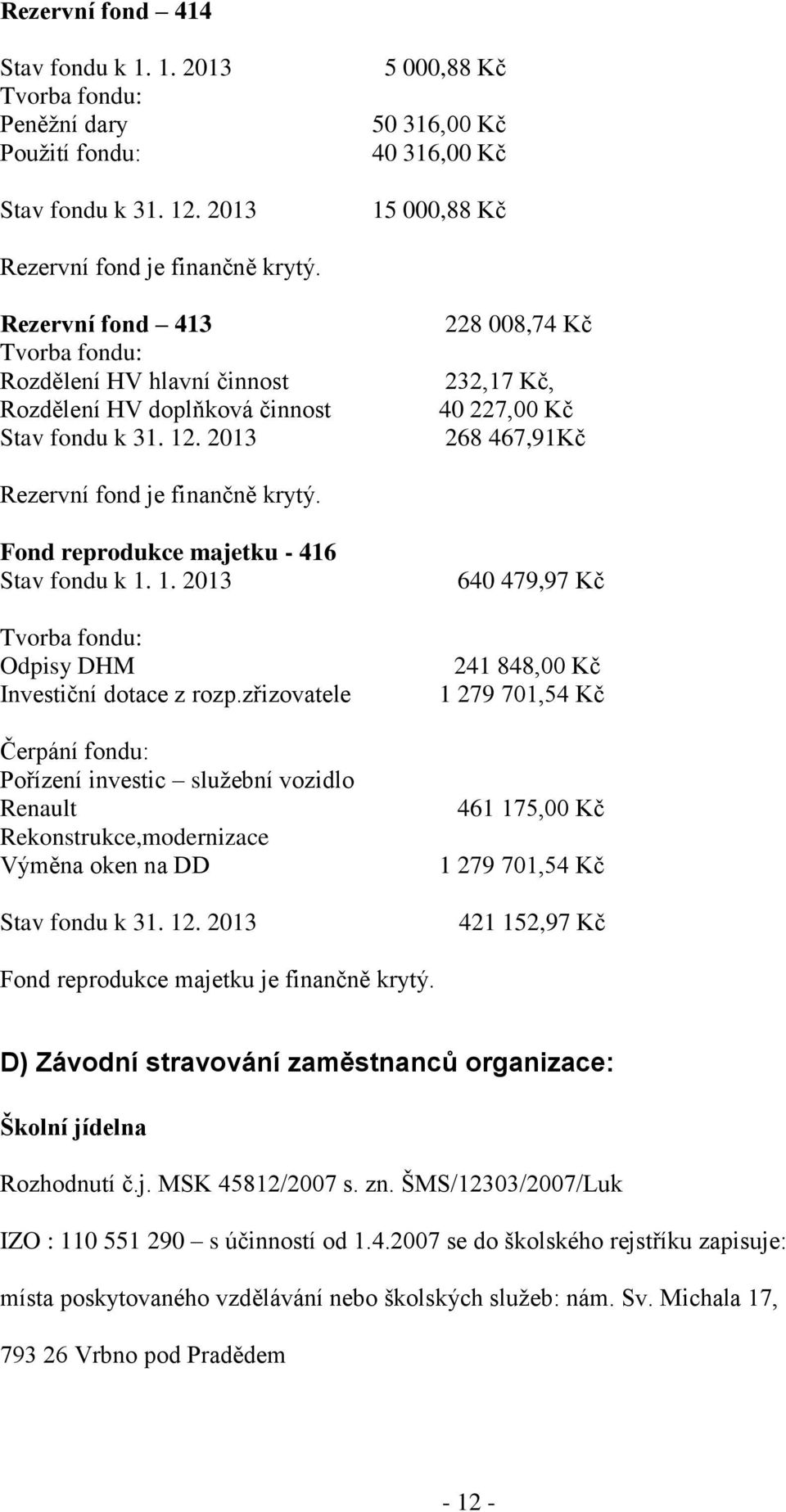 Fond reprodukce majetku - 416 Stav fondu k 1. 1. 2013 Tvorba fondu: Odpisy DHM Investiční dotace z rozp.