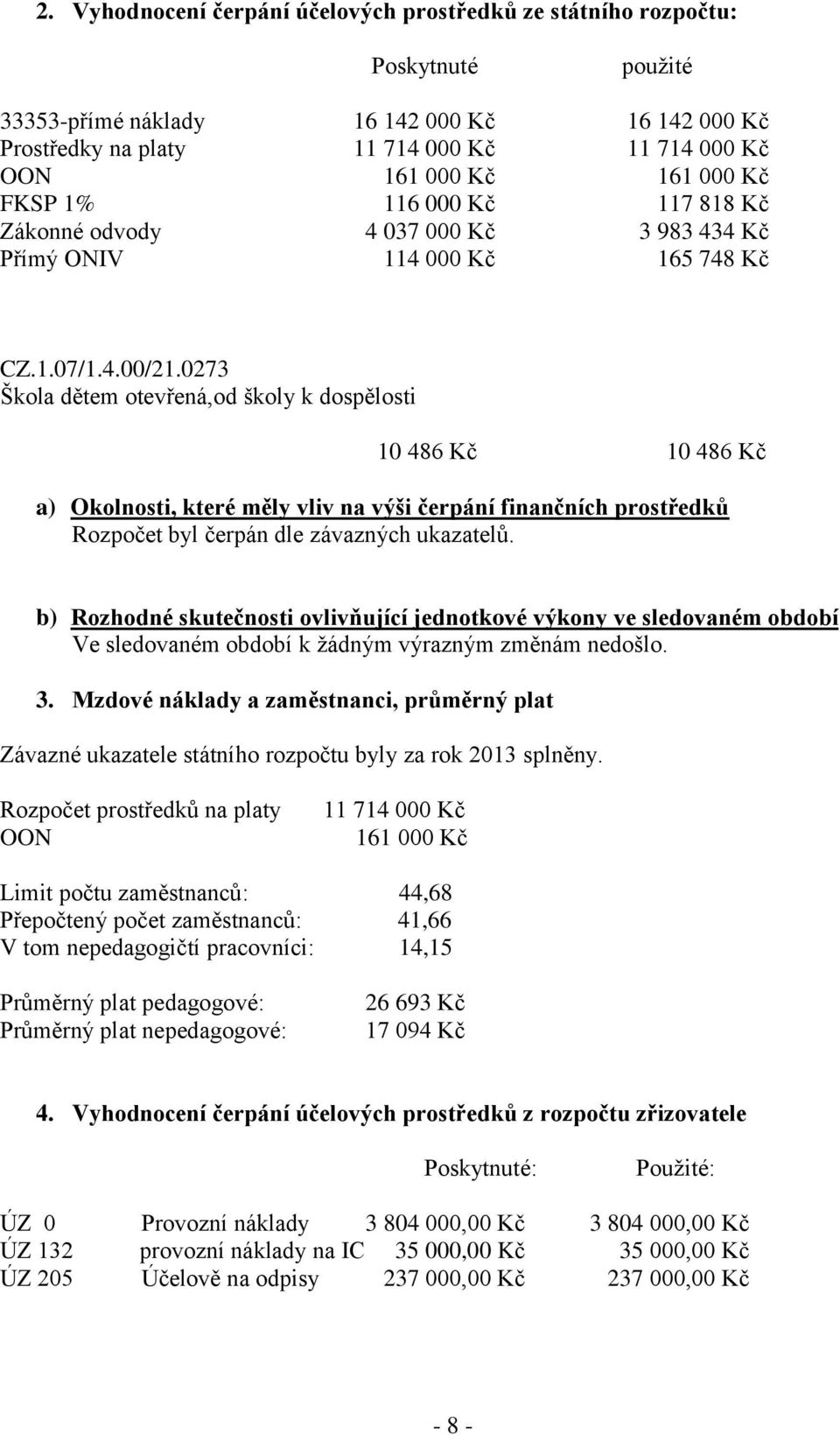 0273 Škola dětem otevřená,od školy k dospělosti 10 486 Kč 10 486 Kč a) Okolnosti, které měly vliv na výši čerpání finančních prostředků Rozpočet byl čerpán dle závazných ukazatelů.