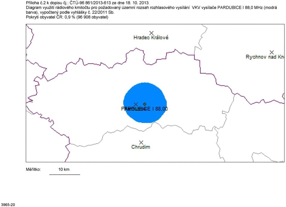 vysílání VKV vysílače PARDUBICE I 88,0 MHz (modrá barva), vypočtený podle