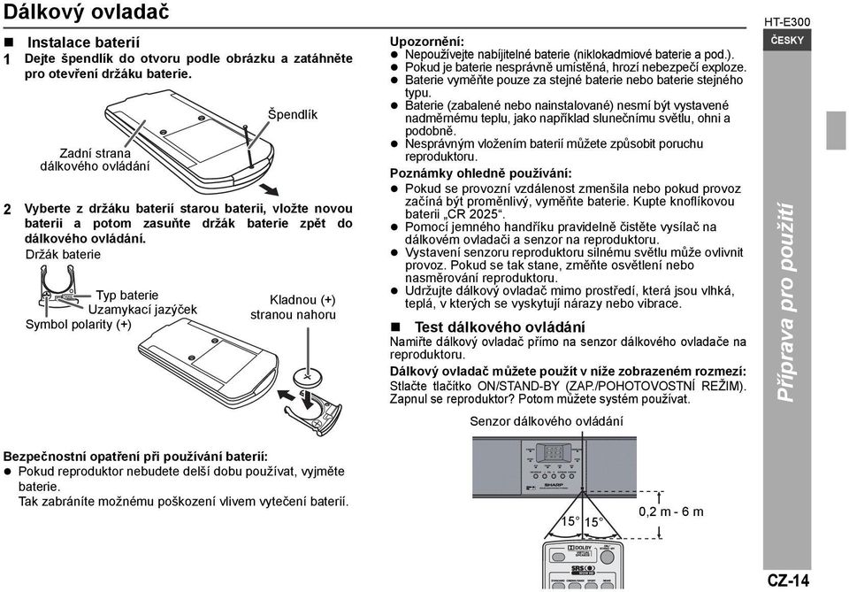 Držák baterie Typ baterie Uzamykací jazýček Symbol polarity (+) Špendlík Kladnou (+) stranou nahoru Upozornění: Nepoužívejte nabíjitelné baterie (niklokadmiové baterie a pod.). Pokud je baterie nesprávně umístěná, hrozí nebezpečí exploze.