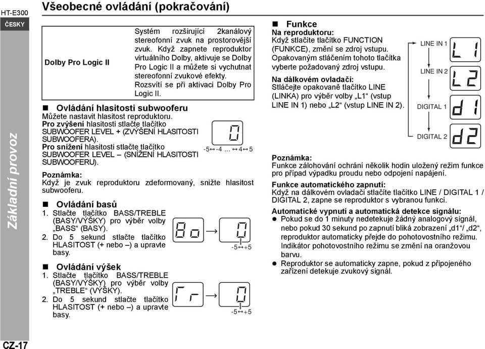 Ovládání hlasitosti subwooferu Můžete nastavit hlasitost reproduktoru. Pro zvýšení hlasitosti stlačte tlačítko SUBWOOFER LEVEL + (ZVÝŠENÍ HLASITOSTI SUBWOOFERA).