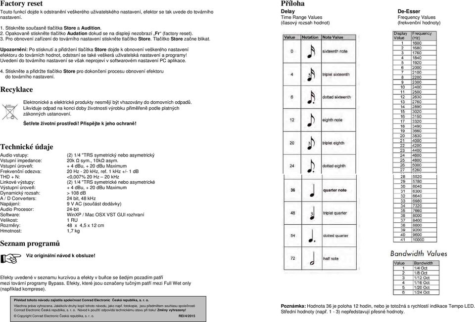 Příloha Delay De-Esser Time Range Values Frequency Values (časový rozsah hodnot) (frekvenční hodnoty) Upozornění: Po stisknutí a přidržení tlačítka Store dojde k obnovení veškerého nastavení efektoru