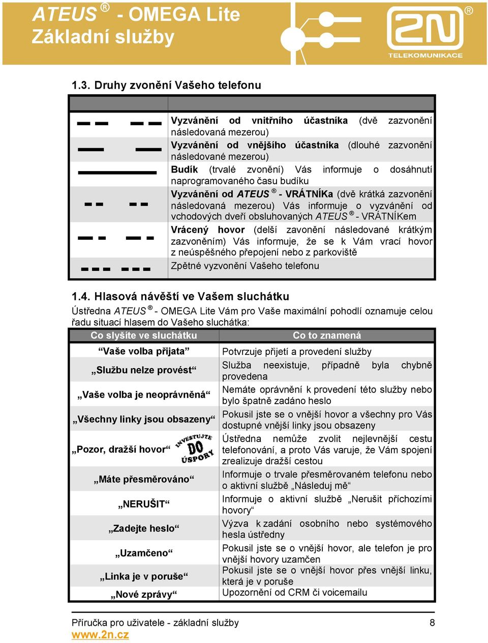 VRÁTNÍKem Vrácený hovor (delší zavonění následované krátkým zazvoněním) Vás informuje, že se k Vám vrací hovor z neúspěšného přepojení z parkoviště Zpětné vyzvonění Vašeho telefonu 1.4.