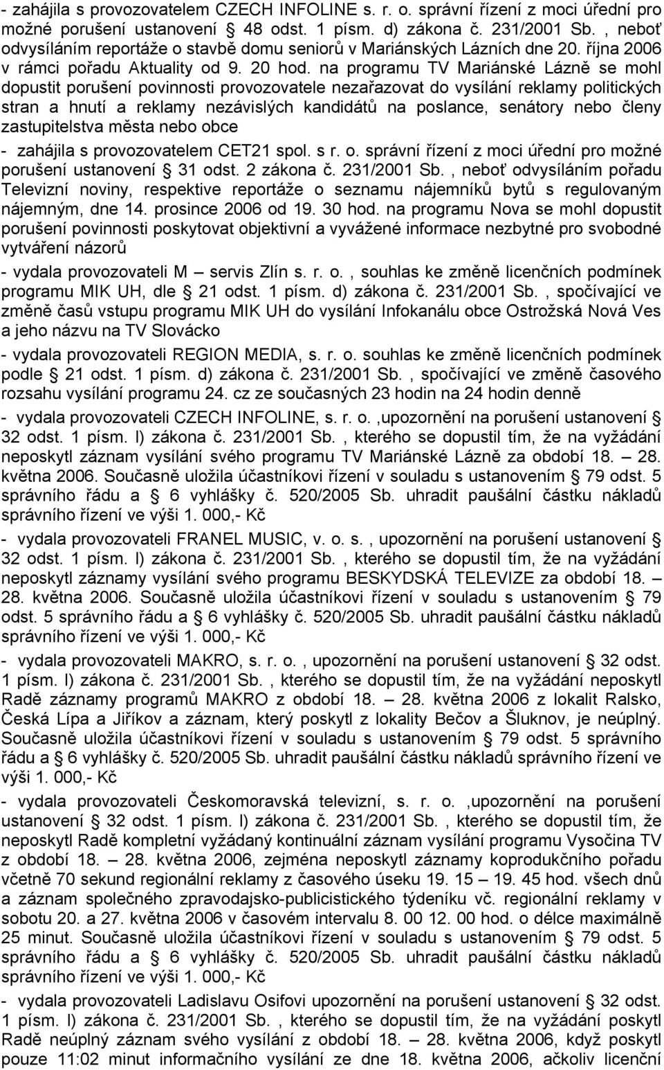 na programu TV Mariánské Lázně se mohl dopustit porušení povinnosti provozovatele nezařazovat do vysílání reklamy politických stran a hnutí a reklamy nezávislých kandidátů na poslance, senátory nebo