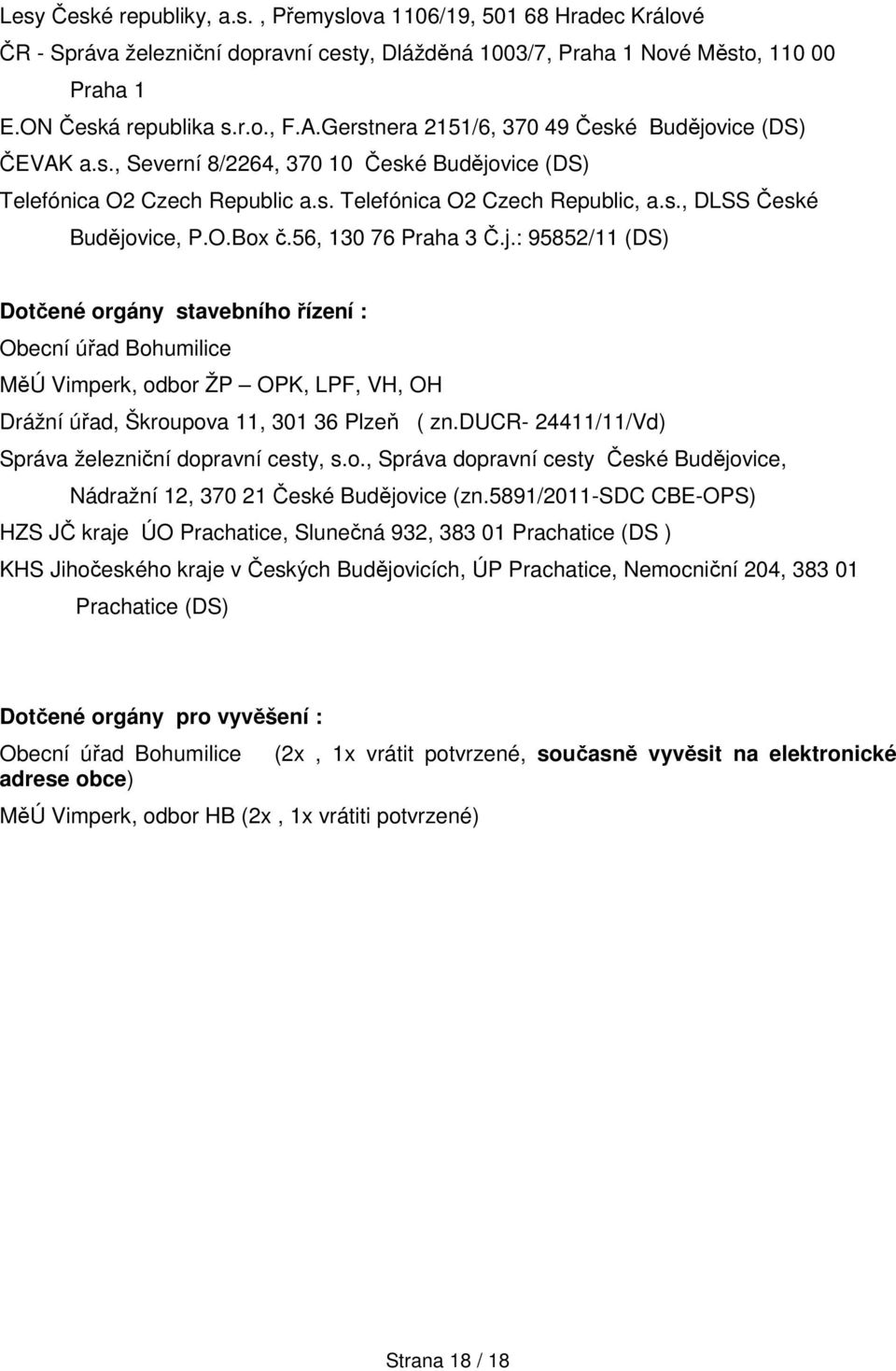 O.Box č.56, 130 76 Praha 3 Č.j.: 95852/11 (DS) Dotčené orgány stavebního řízení : Obecní úřad Bohumilice MěÚ Vimperk, odbor ŽP OPK, LPF, VH, OH Drážní úřad, Škroupova 11, 301 36 Plzeň ( zn.