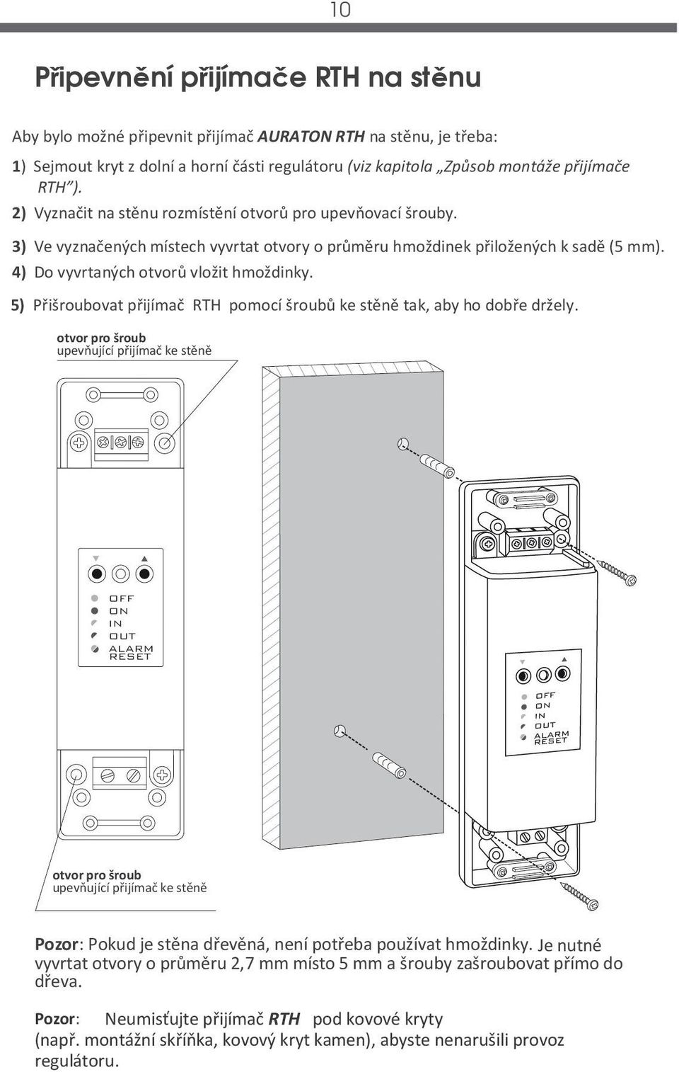 5) Přišroubovat přijímač RTH pomocí šroubů ke stěně tak, aby ho dobře držely.