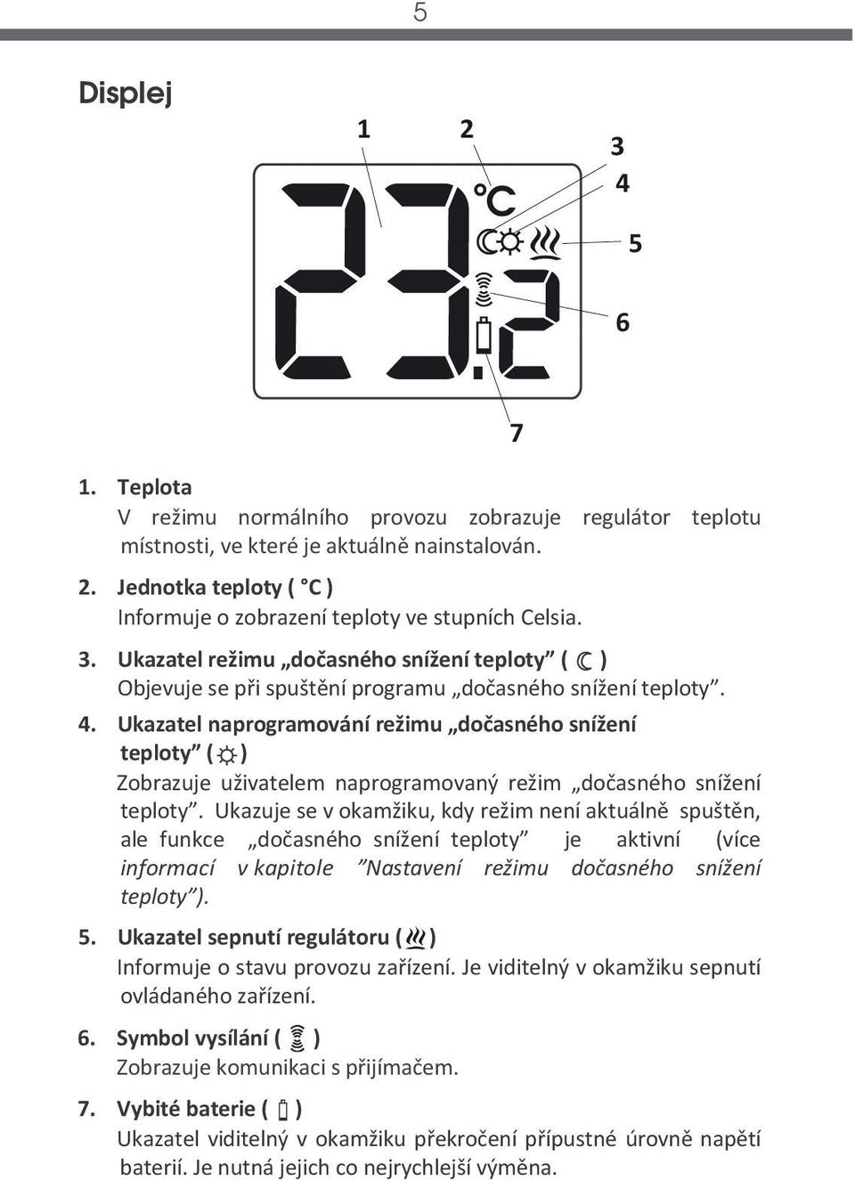 Ukazatel naprogramování režimu dočasného snížení teploty ( ) Zobrazuje uživatelem naprogramovaný režim dočasného snížení teploty.