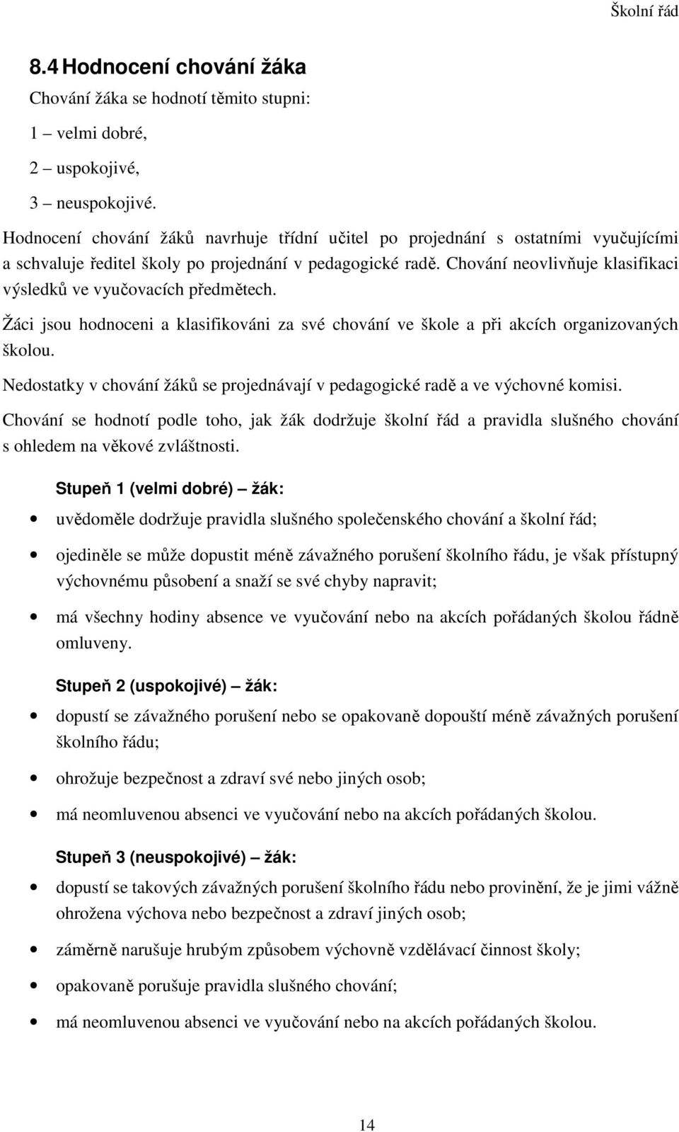 Chování neovlivňuje klasifikaci výsledků ve vyučovacích předmětech. Žáci jsou hodnoceni a klasifikováni za své chování ve škole a při akcích organizovaných školou.