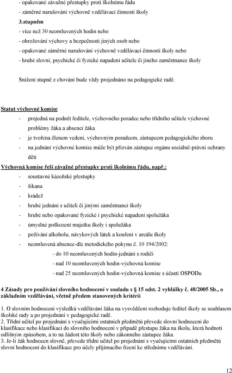 fyzické napadení učitele či jiného zaměstnance školy Snížení stupně z chování bude vždy projednáno na pedagogické radě.