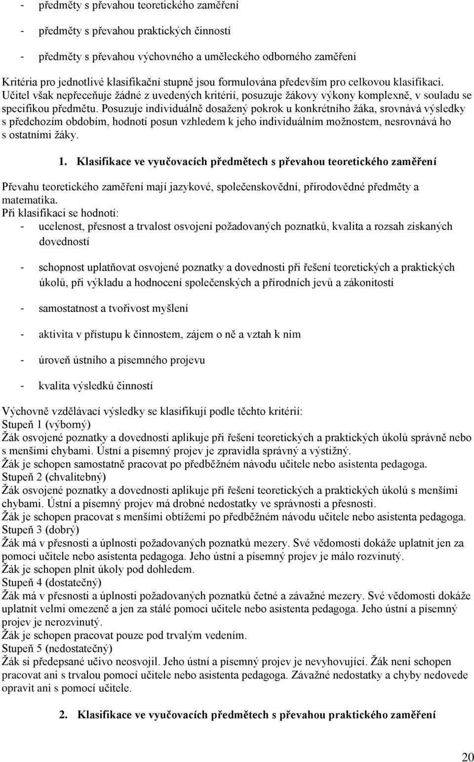 Posuzuje individuálně dosažený pokrok u konkrétního žáka, srovnává výsledky s předchozím obdobím, hodnotí posun vzhledem k jeho individuálním možnostem, nesrovnává ho s ostatními žáky. 1.