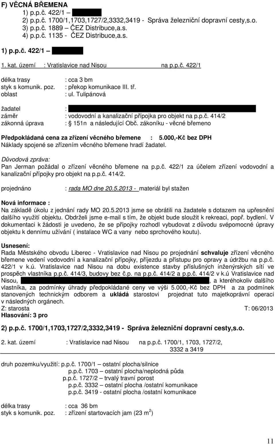 p.č. 414/2 zákonná úprava : 151n a následující Obč. zákoníku - věcné břemeno Předpokládaná cena za zřízení věcného břemene : 5.