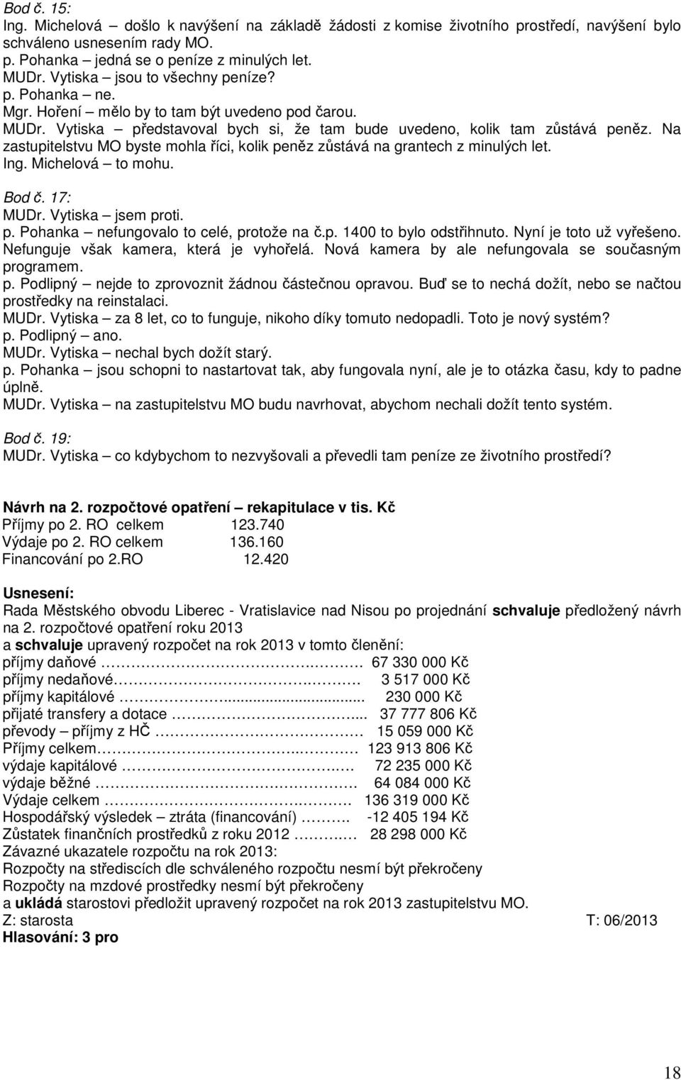 Na zastupitelstvu MO byste mohla říci, kolik peněz zůstává na grantech z minulých let. Ing. Michelová to mohu. Bod č. 17: MUDr. Vytiska jsem proti. p. Pohanka nefungovalo to celé, protože na č.p. 1400 to bylo odstřihnuto.