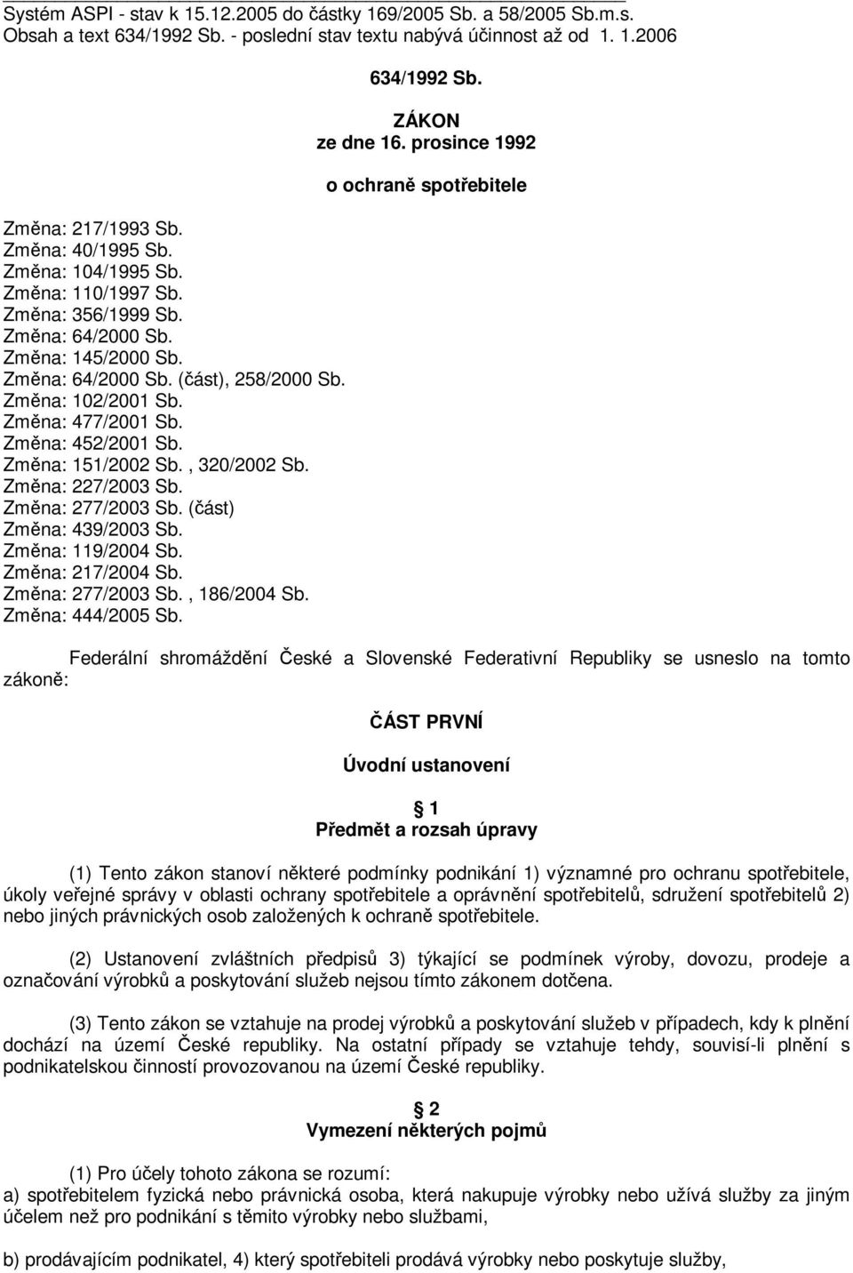 Zmna: 151/2002 Sb., 320/2002 Sb. Zmna: 227/2003 Sb. Zmna: 277/2003 Sb. (ást) Zmna: 439/2003 Sb. Zmna: 119/2004 Sb. Zmna: 217/2004 Sb. Zmna: 277/2003 Sb., 186/2004 Sb. Zmna: 444/2005 Sb. 634/1992 Sb.