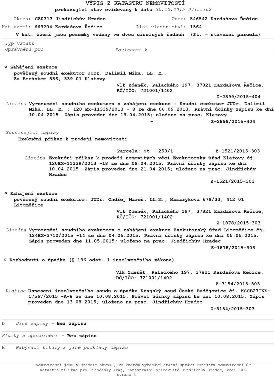 Klatvy - Z-2899/2015-404 Z-1521/2015-303 Exekuční příkaz k prdeji nemvitých věcí Exekutrský úřad Klatvy čj. 120EX-11339/2013-18 ze dne 09.04.2015. Právní účinky zápisu ke dni 10.04.2015. Zápis prveden dne 21.