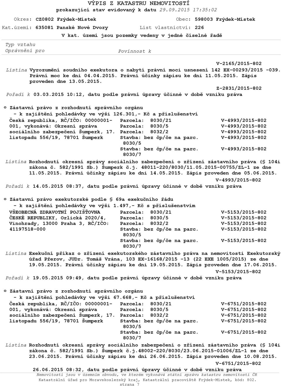 05.2015. Z-2831/2015-802 Přadí k 03.03.2015 10:12, datu pdle právní úpravy účinné v dbě vzniku práva Zástavní práv z rzhdnutí správníh rgánu - k zajištění phledávky ve výši 126.