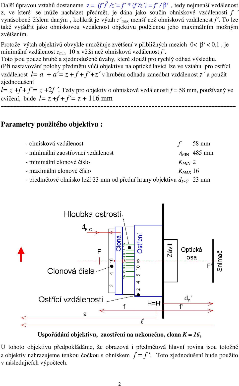 Protože výtah objektivů obvykle umožňuje zvětšení v přibližných mezích 0< β' < 0,1, je minimální vzdálenost z min 10 x větší než ohnisková vzdálenost f.