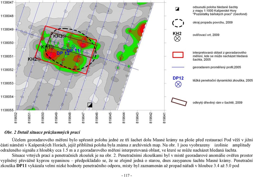 5 m a z georadarového měření interpretovaná oblast, ve které se může nacházet hledaná šachta. Situace vrtných prací a penetračních zkoušek je na obr. 2.