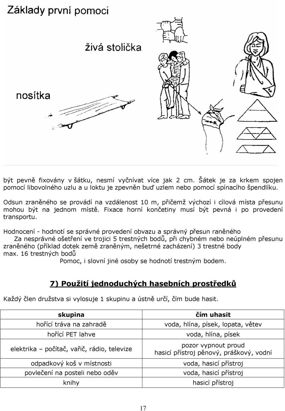 Hodnocení - hodnotí se správné provedení obvazu a správný přesun raněného Za nesprávné ošetření ve trojici 5 trestných bodů, při chybném nebo neúplném přesunu zraněného (příklad dotek země zraněným,