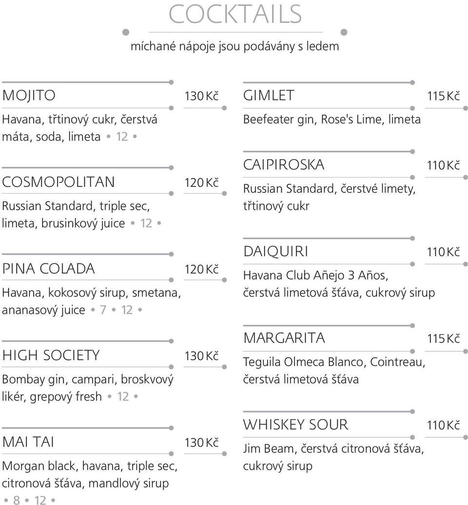 120 Kč DAIQUIRI Havana Club Añejo 3 Años, čerstvá limetová šťáva, cukrový sirup 110 Kč HIGH SOCIETY Bombay gin, campari, broskvový likér, grepový fresh 12 MAI TAI Morgan black, havana,