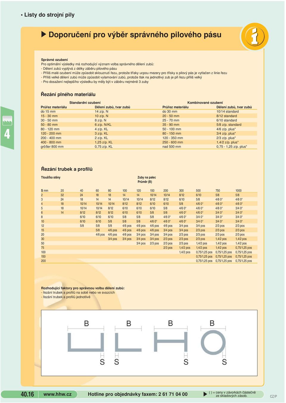 zubů, protože tlak na jednotlivý zub je při řezu příliš velký - Pro dosažení nejlepšího výsledku by měly být v záběru nejméně 3 zuby Řezání plného materiálu Standardní ozubení Kombinované ozubení