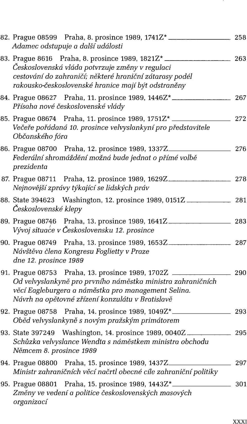 Prague 08627 Praha, 11. prosince 1989, 1446Z* 267 Přísaha nové československé vlády 85. Prague 08674 Praha, 11. prosince 1989, 1751Z* 272 Večeře pořádaná 10.