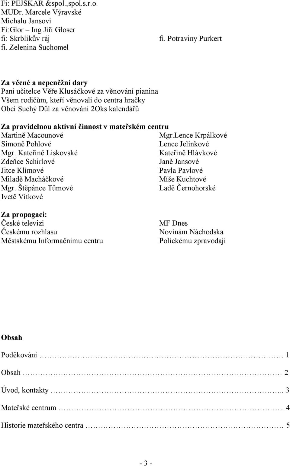 aktivní činnost v mateřském centru Martině Macounové Mgr.Lence Krpálkové Simoně Pohlové Lence Jelínkové Mgr.