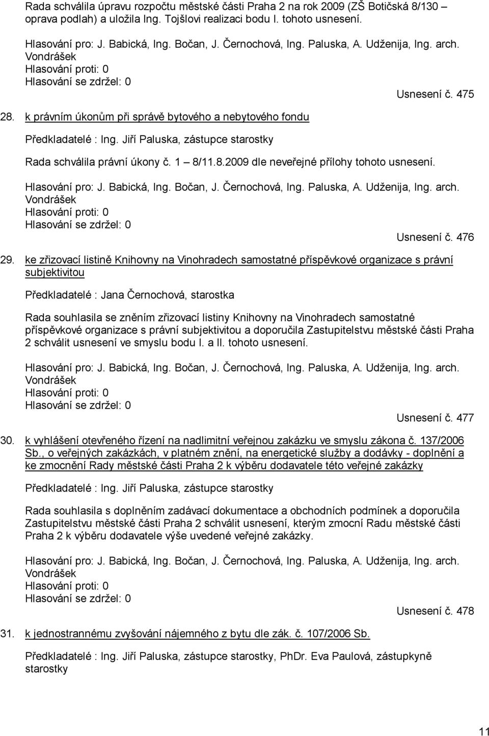 Jiří Paluska, zástupce starostky Rada schválila právní úkony č. 1 8/11.8.2009 dle neveřejné přílohy tohoto usnesení. Hlasování pro: J. Babická, Ing. Bočan, J. Černochová, Ing. Paluska, A.