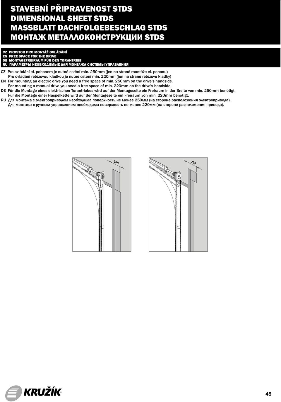 220mm (jen na straně řetězové kladky) EN For mounting an electric drive you need a free space of min. 250mm on the drive's handside. For mounting a manual drive you need a free space of min.