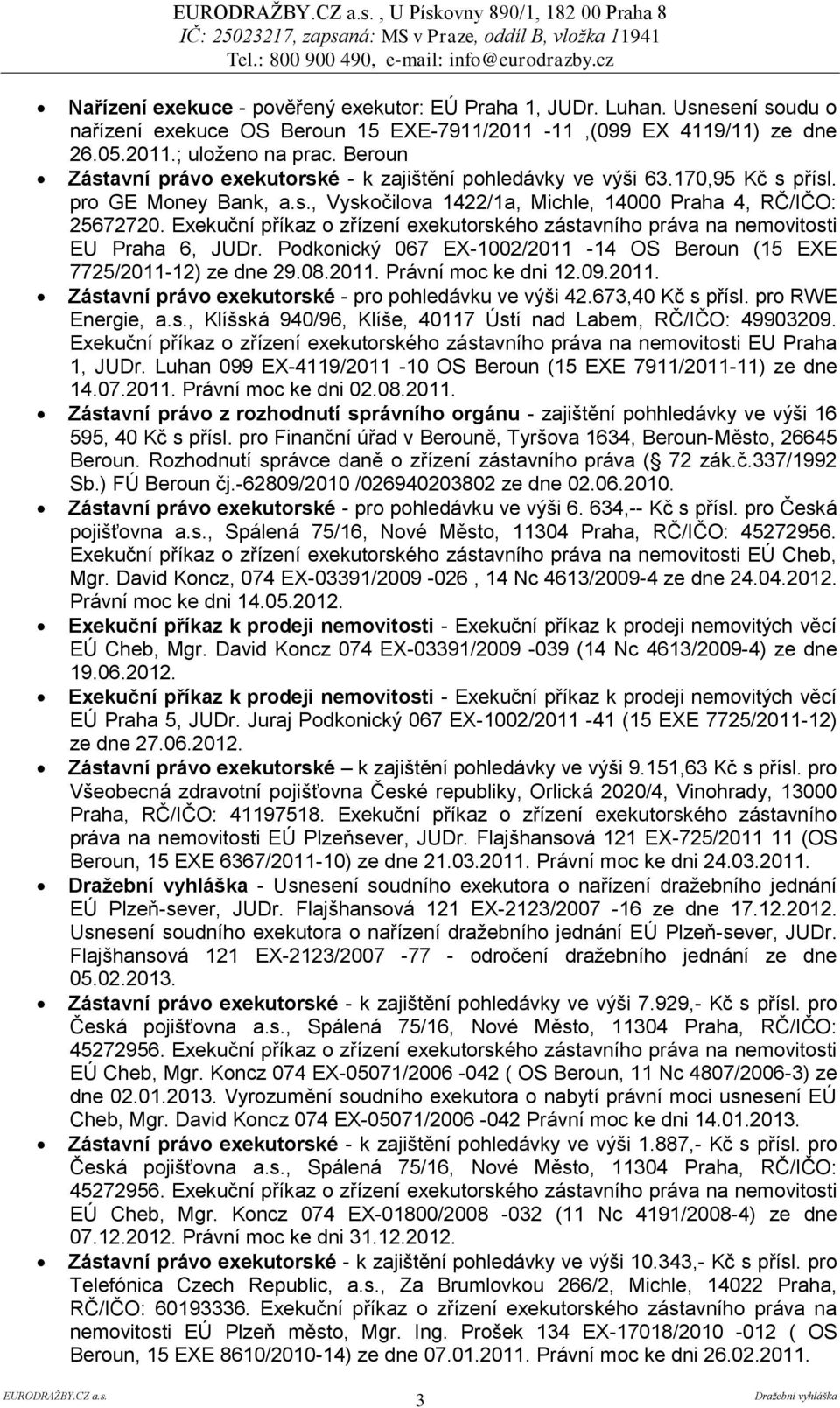 Exekuční příkaz o zřízení exekutorského zástavního práva na nemovitosti EU Praha 6, JUDr. Podkonický 067 EX-1002/2011-14 OS Beroun (15 EXE 7725/2011-12) ze dne 29.08.2011. Právní moc ke dni 12.09.