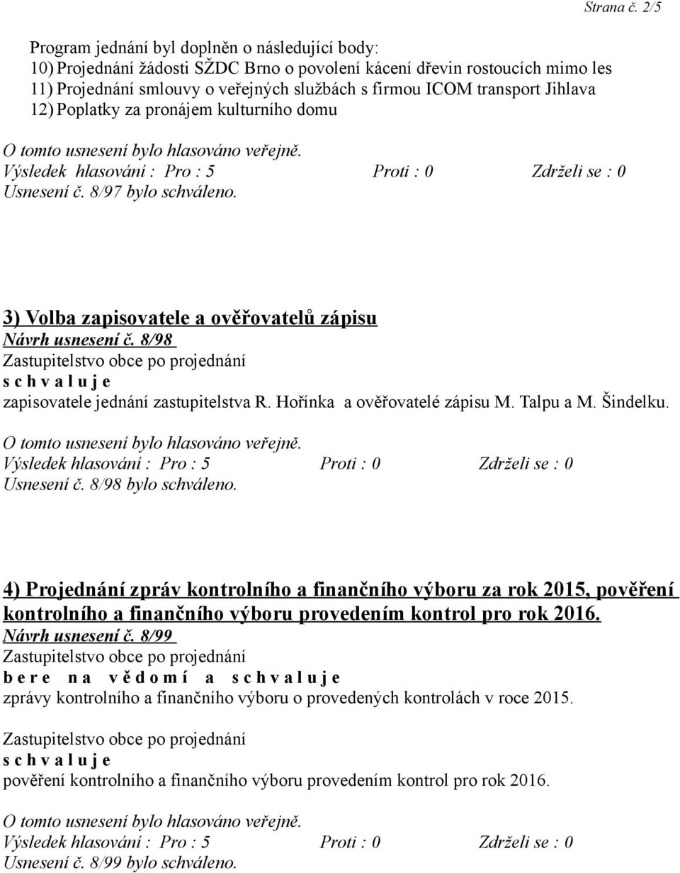 Hořínka a ověřovatelé zápisu M. Talpu a M. Šindelku. Usnesení č. 8/98 bylo schváleno.